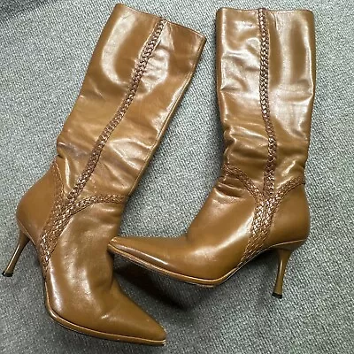 Via Spiga Tall Boots Brown 6M Brown Leather Heel Italian Bread Accent Point Zip • $26.95
