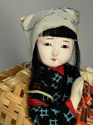 Vintage 60s Japanese Doll Silk Kimono 6  Japan Girl & Basket Lacquer Wood Stand • $29.81