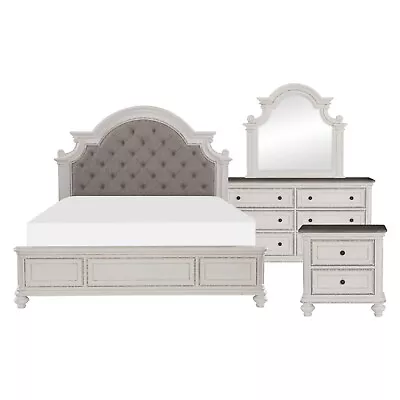 4 Pc Tufted Antique White Queen Bed N/s Dresser Mirror Bedroom Furniture Set • $1899