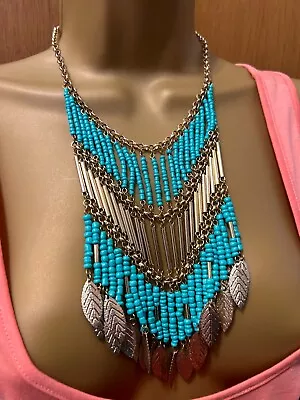 Stunning Multi Row  Necklace Bib Collar Huge Beaded Festival Summer • £8.95