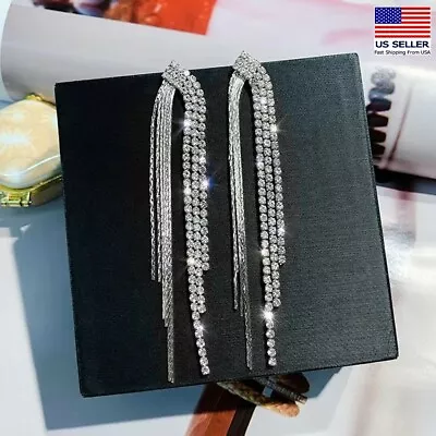 Women 925 Sterling Silver Creative Earrings Crystal Long Tassel Shine Bling 1294 • $9.99