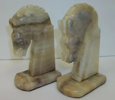 Vintage Pair Alabaster Stone Marble Horse Head Bookends Statues • $24.99