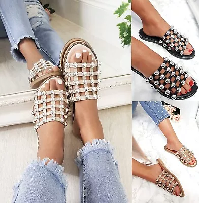 Ladies Womens Studded Cage Slides Flat Summer Bling Sliders Sandals Shoes Size • £11.95