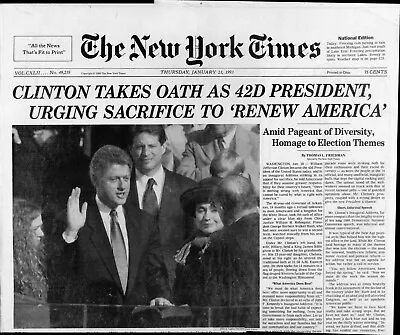 Clinton Inauguration New York Times January 21 1993 Newspaper • $100