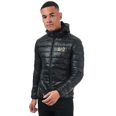Men's Hooded Coat Emporio Armani EA7 Core ID Full Zip Down Jacket In Black • £129.99