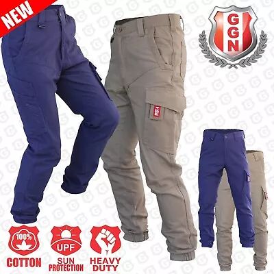 Mens Cargo Work Pants Tactical Tapered Trousers Elastic Cuffed Stretch Cotton • $42.99