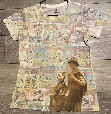 Disney Parks Walt & Mickey Mouse Print All Over Vintage Cartoon T Shirt Large • £7.96