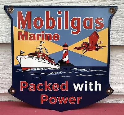 Vintage 1947 Dated Mobilgas Marine Packed With Power 12.5”porcelain Gas Oil Sign • $39.99