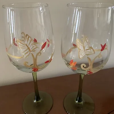 Hand-Painted Butterfly Wine Glasses 9” Set Of 2 Mint Condition Unique • £14.45