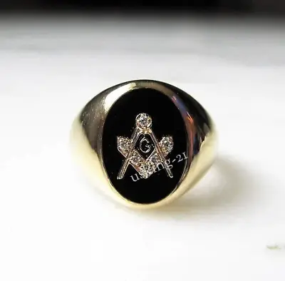 925 Silver Gold Plated 2.00Ct Simulated Diamond Masonic G Emblem Compass Ring • $161.49