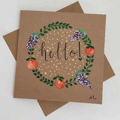  Hand-painted Hello Greetings Card Wreath Card Blank Birthday Card Art Original  • £3.50