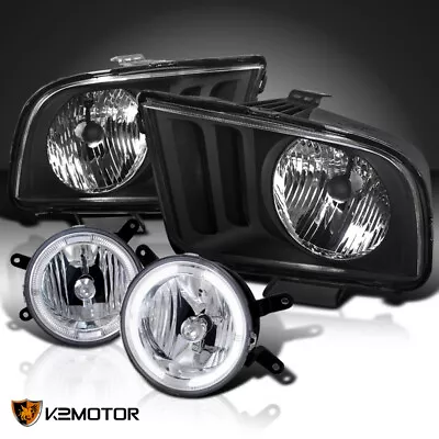 $168.87 • Buy For 2005-2009 Ford Mustang Black Headlights+Clear Halo Rings Fog Lights Pair