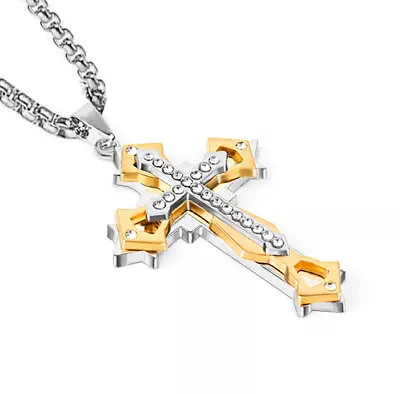 Silver Stainless Steel Black Cross Pendant Mens Women Chain Necklace Crucifix UK • £4.59