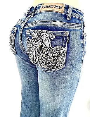 Platinum Plush Rhinestone Motorcycle Denim Boot Cut Jeans Style #4054 • $60.99