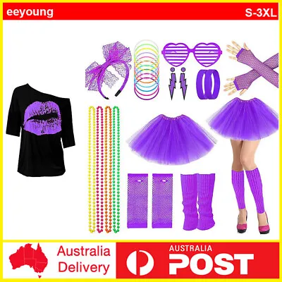 Ladies 80s Costume Set 1980s Party Girl T-shirt Rainbow Skirt Girls Fancy Dress • $33.99