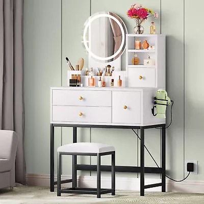 Vanity Desk Set Make Up Dressing Table W/ LED Lighted Mirror Stool 4 Drawers • $153.99