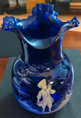 Vintage Fenton Mary Gregory Blue Thumbprint Ruffled Glass Pitcher  • $49.99