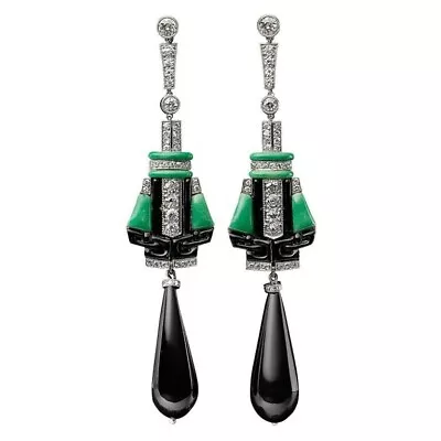 Onyx Jade Statement Earrings For Women 925 Sterling Silver Gemstone Jewelry Long • $392.71