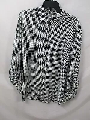 Chaps Women Shirt 1X White Houndstooth Long Sleeve Button Up Collar Blouse Black • $15.99