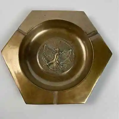 Vintage Large Stamped Brass Supporter Eagle Medallion Hexagon  Table Ashtray • $51.27