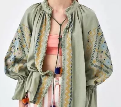 Zara TRF Collection NEW Embroidered Pom Pom Ties Green Fringe Tie Jacket Medium • $39