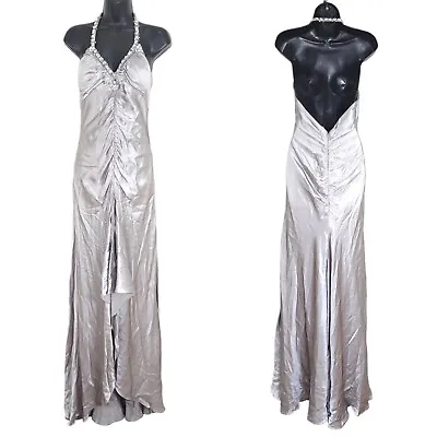 Niteline Dress Vtg 90s Y2K Gray Silver Silk Beaded Ruched Slip Hi Low Gown 8 M • $76.50