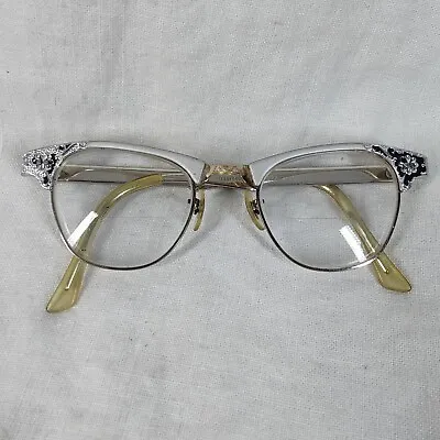 Vintage 1950s Eyeglasses Artcraft CatEye 4 1/4- 5 1/2 Silver Alum Rockabilly • $29.49