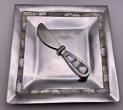 Inlaid Mother Of Pearl Aluminum Cheese Plate W/ Matching Spreading Knife IHI • $24
