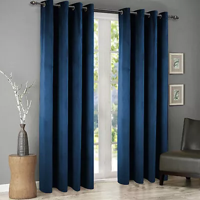 Blackout Crushed Velvet Curtains 66x90 Eyelet Ready Made Lined Pair Curtains • £34.99