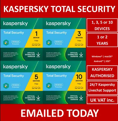 £23.96 • Buy Kaspersky Total Security 2021 *Authorised * Emailed TODAY Or Shipped Lot VAT Inc