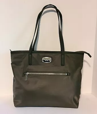 Michael Kors Nylon Tote Bag OLIVE GREY BLACK Leather Trim MEDIUM KELSEY Purse • $36.99