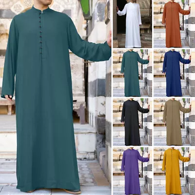 Mens Long Sleeve Muslim Clothing Saudi Jubba Arab Caftan Thobe Long Dress Robe • £16.24