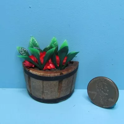 Dollhouse Miniature Half Barrell Planter With Red Flowers And Greenery B0531 • $2.69