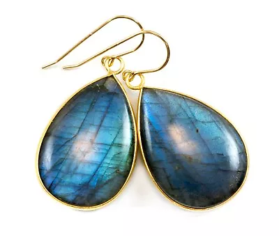 Labradorite Earrings Blue Flash Large Long Smooth Bezel Teardrops 1.8   14k Gold • $175