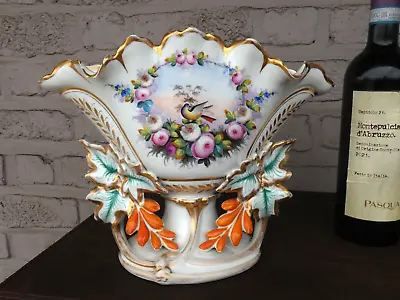 Antique French Vieux Paris Porcelain Bowl Vase Centerpiece Bird Floral Decor • $399