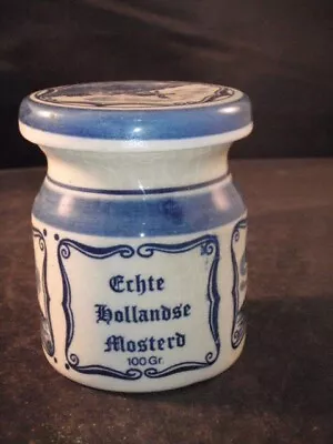 Vintage Pottery Delfts Blue White Mustard Jar+lid Windmills Gkb Holland Hand Ptd • $19.95