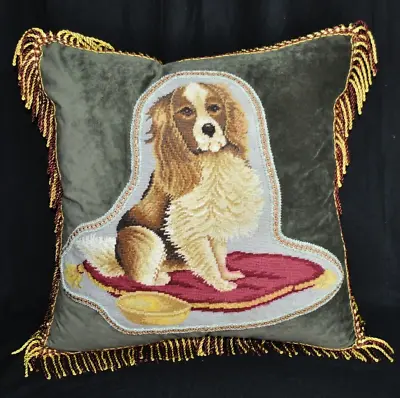 Wool Needlepoint Pillow Cavalier King Charles Spaniel Dog Cushion Cover 23x23 • $367