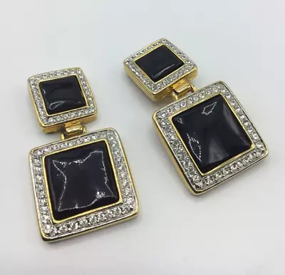 Vintage Vc LES BERNARD Gold Tone Rhinestone Black Square Clip Earrings - As Is • $19.99