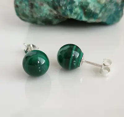 Natural Malachite 10 MM Ball Stud Earrings Solid 925 Sterling Silver • $19.90