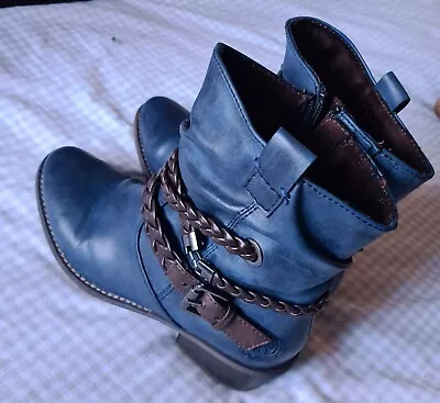 Marco Tozzi Blue Leather Ladies Ankle Boots With Brown Straps Size UK 4 EU 37 • £15