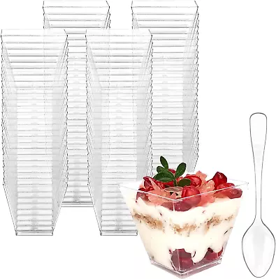 100 Pack 2 Oz Mini Dessert Cups With Spoons Square Clear Plastic Appetizer Cups • $21.88
