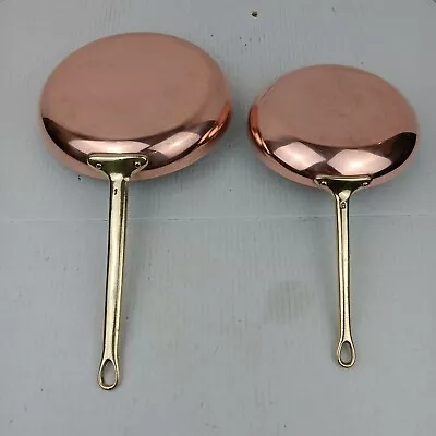 Lot Of 2 Vintage Copper 8  & 9.5  Skillets Fry Pan Brass Handles Unmarked Tinned • $113.99