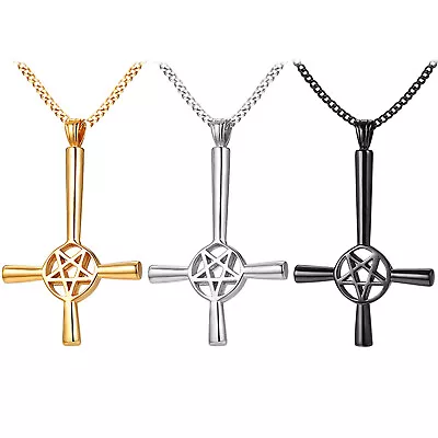 Mens Stainless Steel Satan Pagan Pentacle Wiccan Pendant Inverted Cross Necklace • £14.45