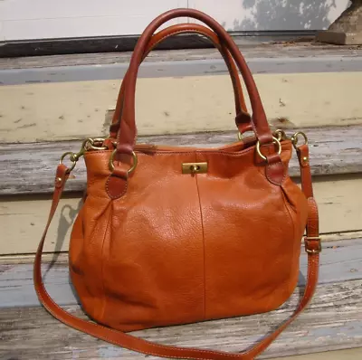 J CREW Large Tan Leather Brown Hobo Turnlock Handbag Tote Boho Hippie Satchel • $69.99