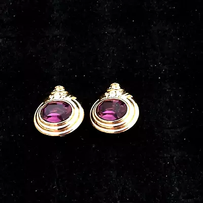 Nolan Miller Purple Stone And Clear Stones Gold Tone Clip Earrings - 718 • $2.80