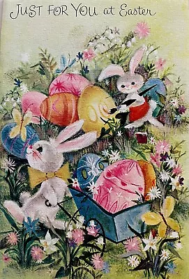 Vintage Easter Greeting Card JUST FOR YOU Busy Spring Garden Bunnies Eggs Used • $3.88