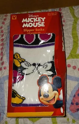 New Vintage Adult Disney Mickey Mouse Minnie Mouse Slipper Socks W/ Gripper Sole • £10.60