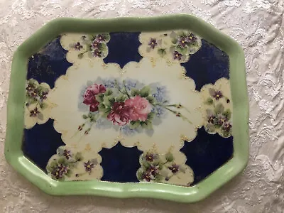 Old Porcelain Vanity  TRAY Hand Painted Roses Floral Vintage Cottage Shabby Chic • $39