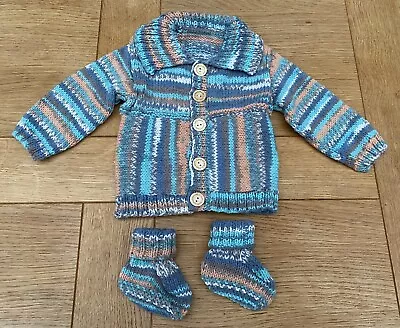£7 • Buy Hand Knitted Baby Boy’s Collared Jacket With Matching Booties Set - 3-6 Months