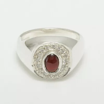 14ct White Gold Natural Garnet & Cubic Zirconia Mens Signet Ring - Sizes N To Z • $2687.03